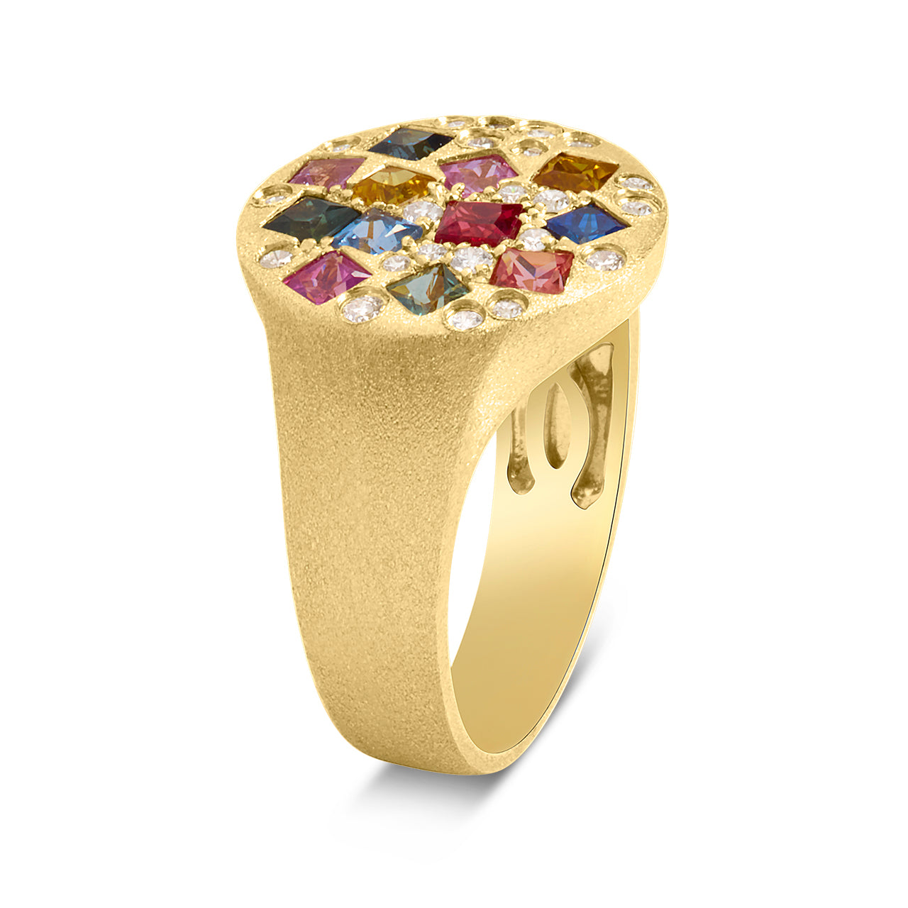 Rainbow Sapphire Princess & Diamond Scatter Signet Ring