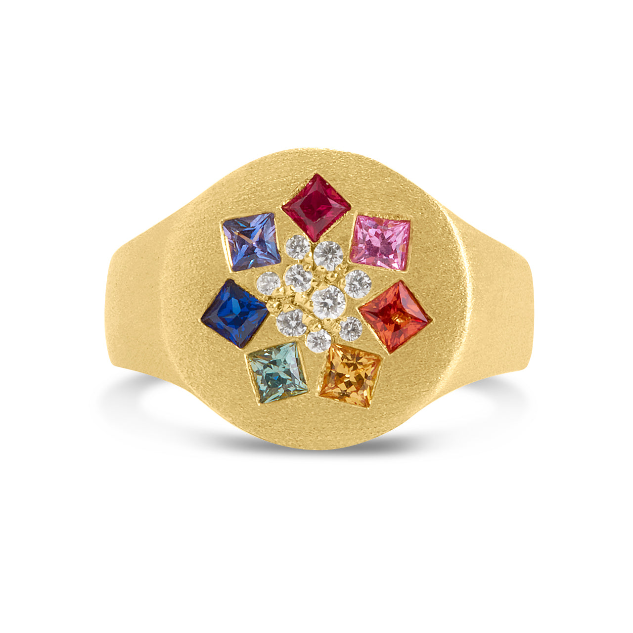 Rainbow Sapphire Princess & Diamond Star Signet Ring