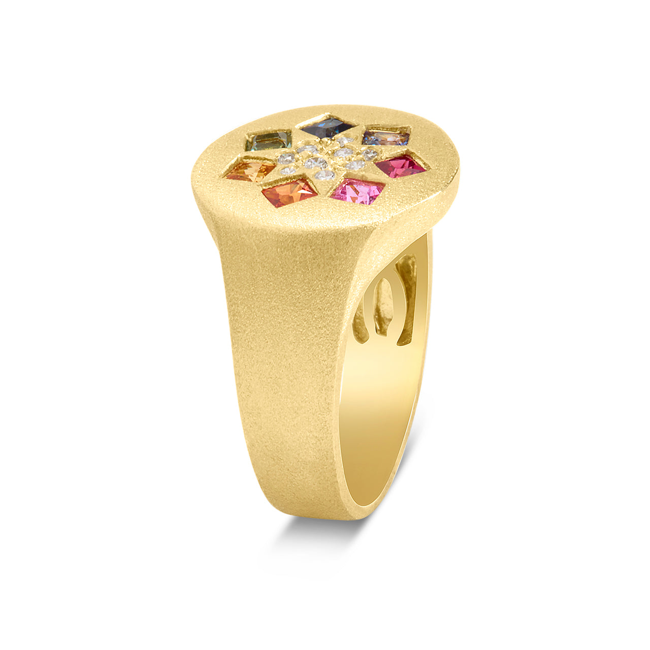 Rainbow Sapphire Princess & Diamond Star Signet Ring