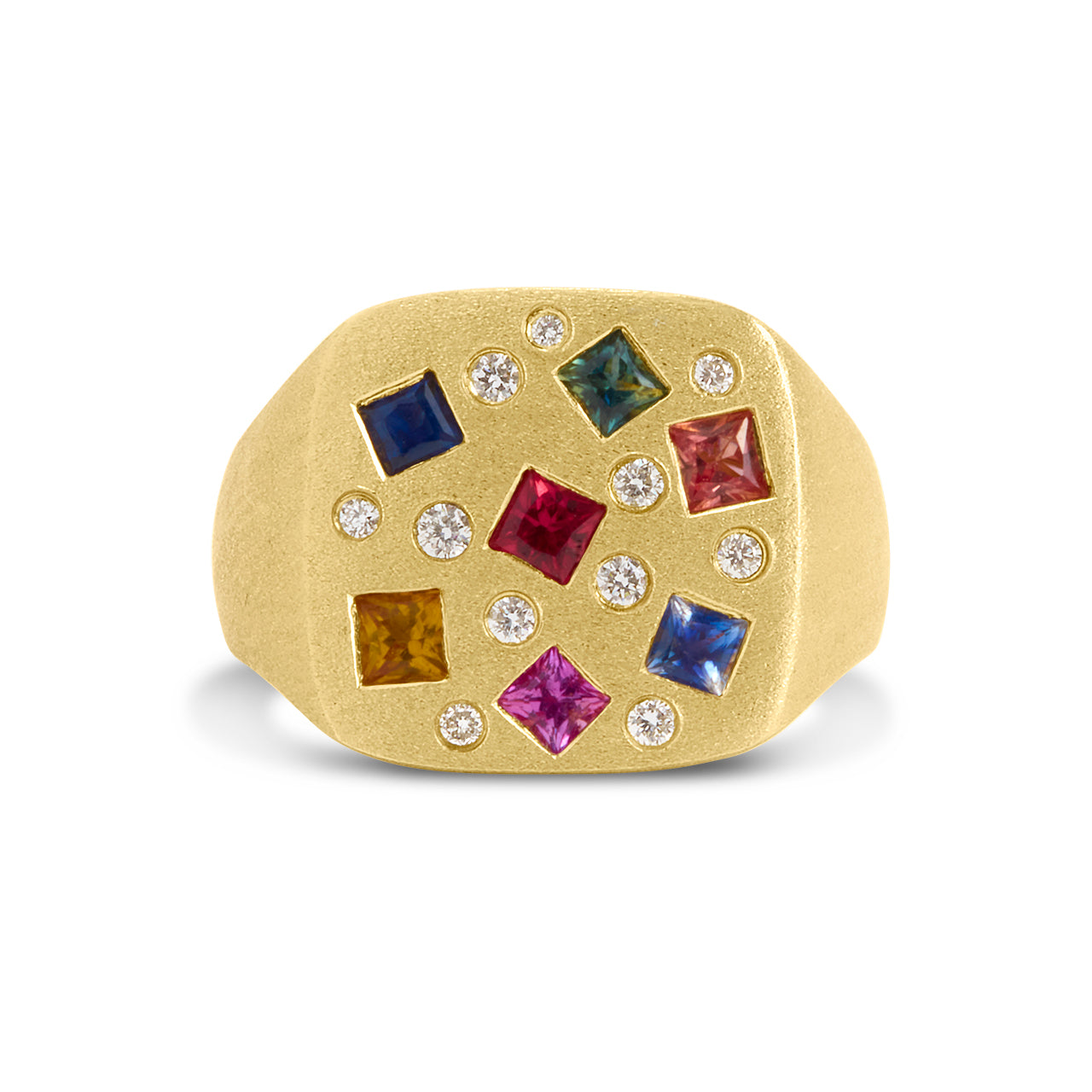 Rainbow Sapphire Princess & Diamond Scatter Cushion Signet Ring