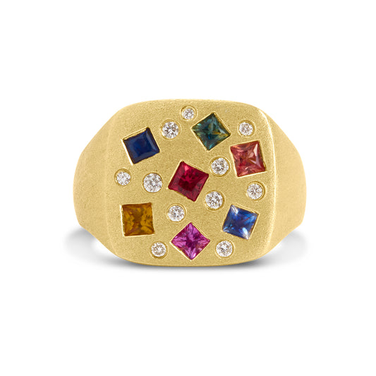 Rainbow Sapphire Princess & Diamond Scatter Cushion Signet Ring