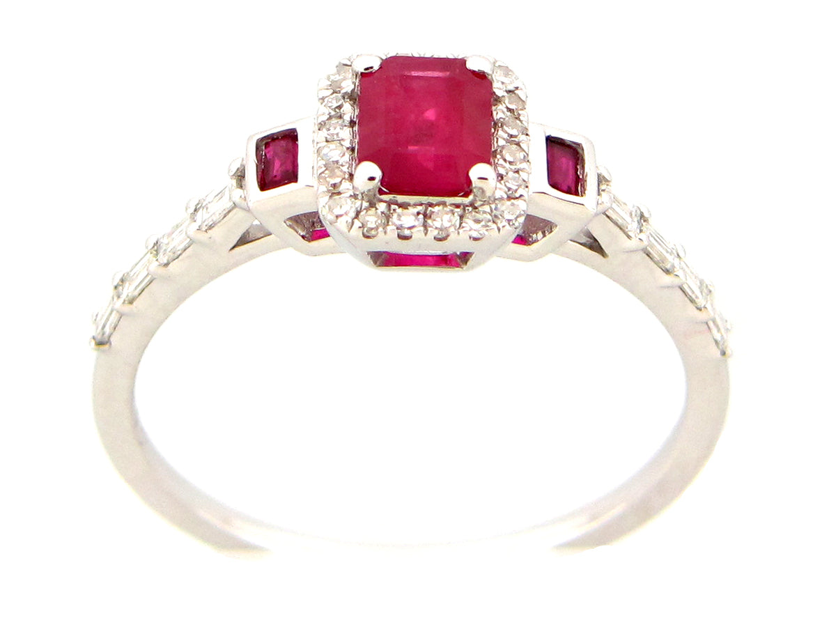 RUBY & DIAMOND HALO 3 STONE RING, 14KW (H)