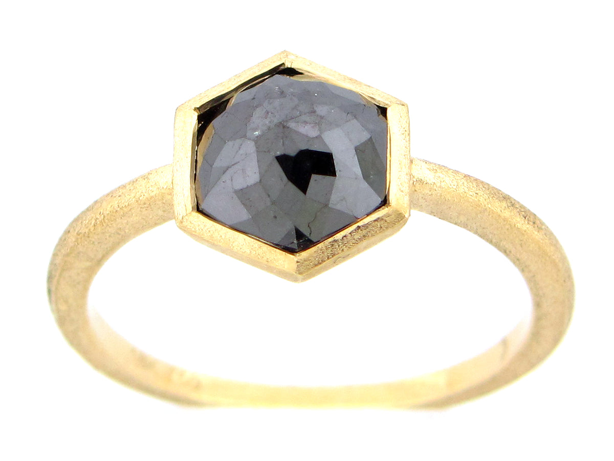 ROSE CUT BLACK DIAMOND HEXAGON RING, SATIN FINISH, 18KY (R)