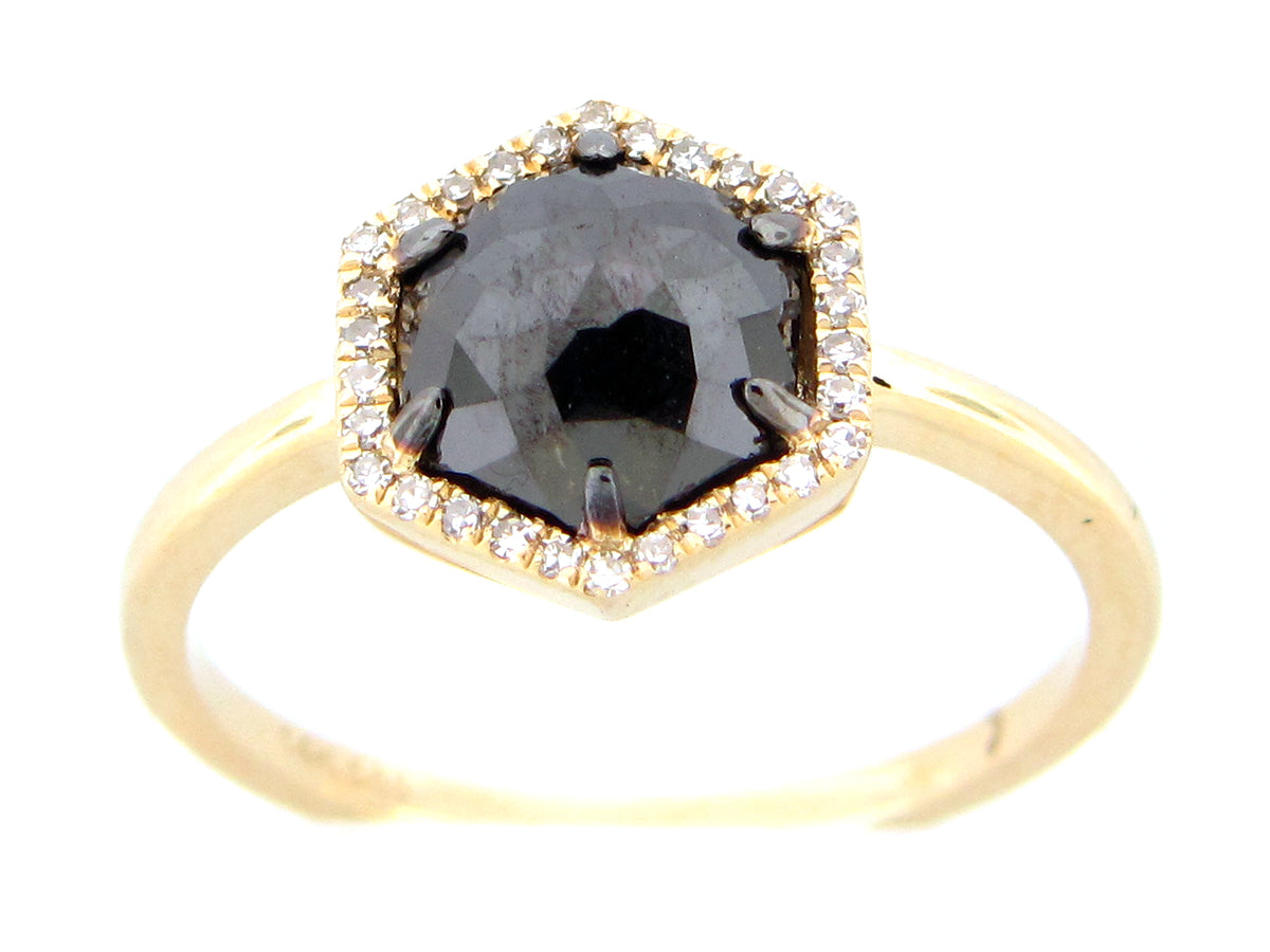 ROSE CUT BLACK & WHITE DIAMOND HALO HEXAGON RING