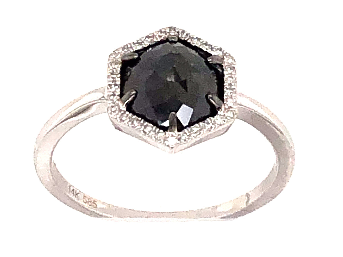 ROSE CUT BLACK & WHITE DIAMOND HALO HEXAGON RING