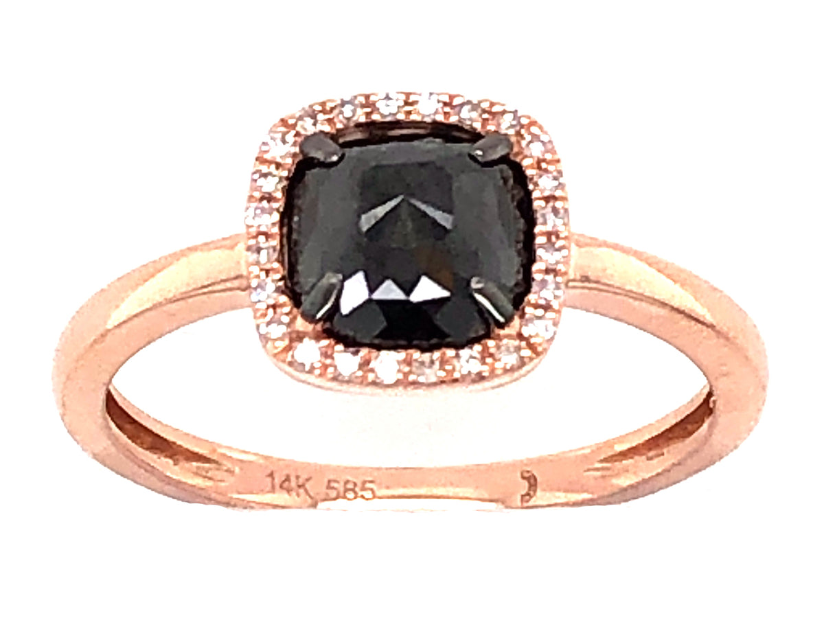 ROSE CUT BLACK CUSHION & WHITE DIAMOND HALO RING