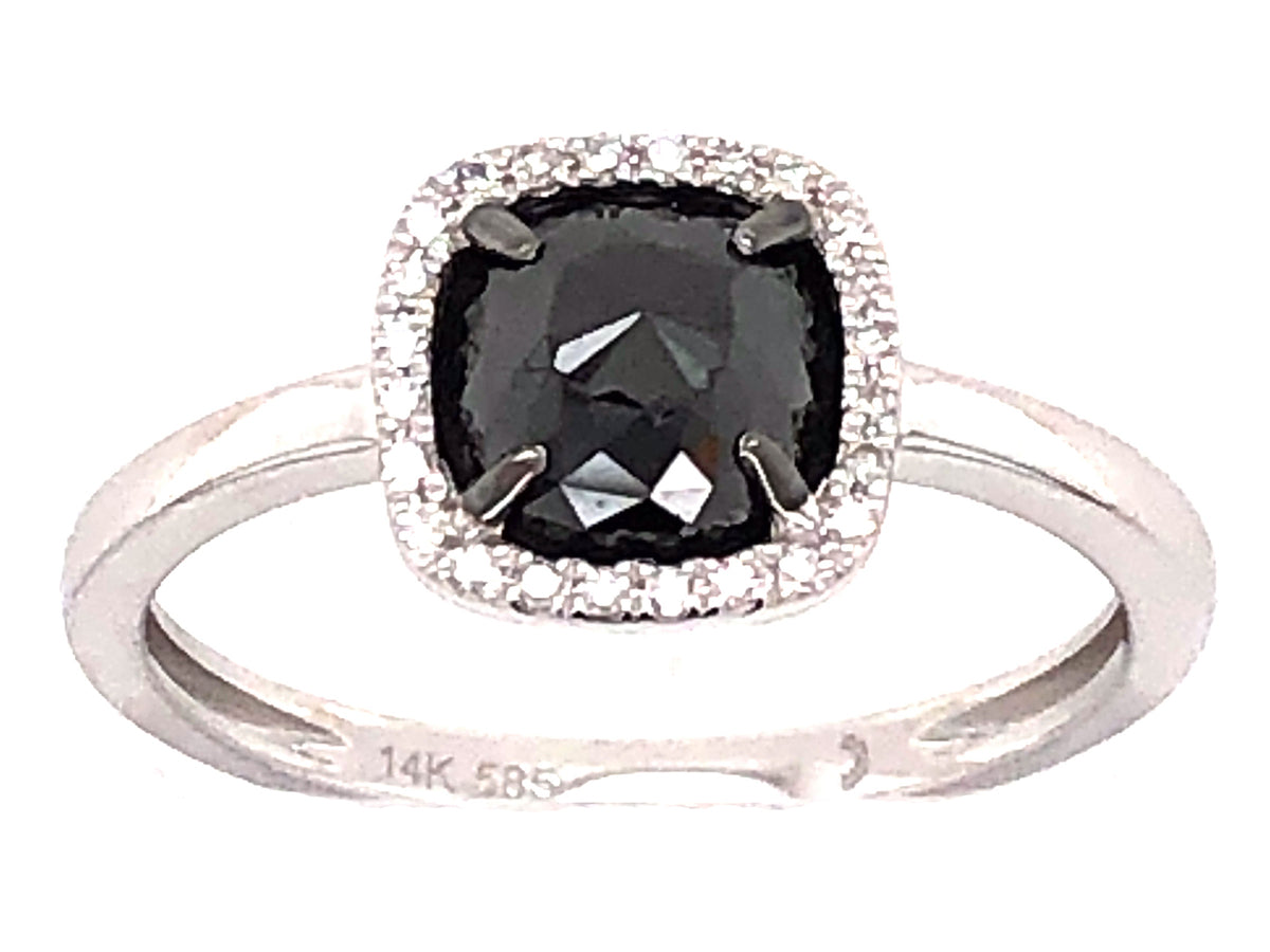 ROSE CUT BLACK CUSHION & WHITE DIAMOND HALO RING