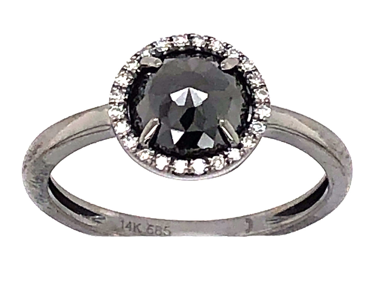 ROSE CUT BLACK ROUND & WHITE DIAMOND HALO RING, 14K BLACK FINISH (R)