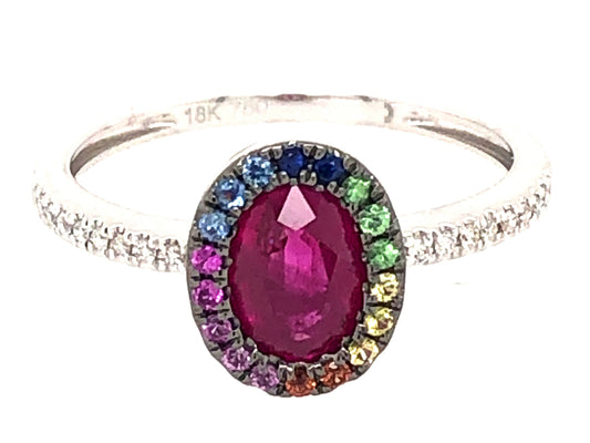 RUBY OVAL & RAINBOW SAPPHIRE HALO & DIAMOND RING, 18KW (H/U)