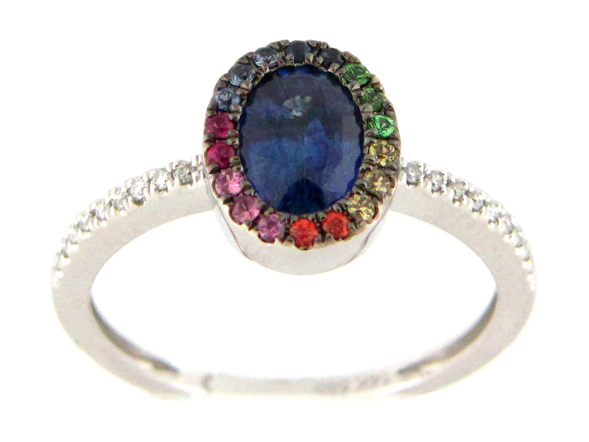 SAPPHIRE OVAL & RAINBOW SAPPHIRE HALO & DIAMOND RING, 14KW (H/U)