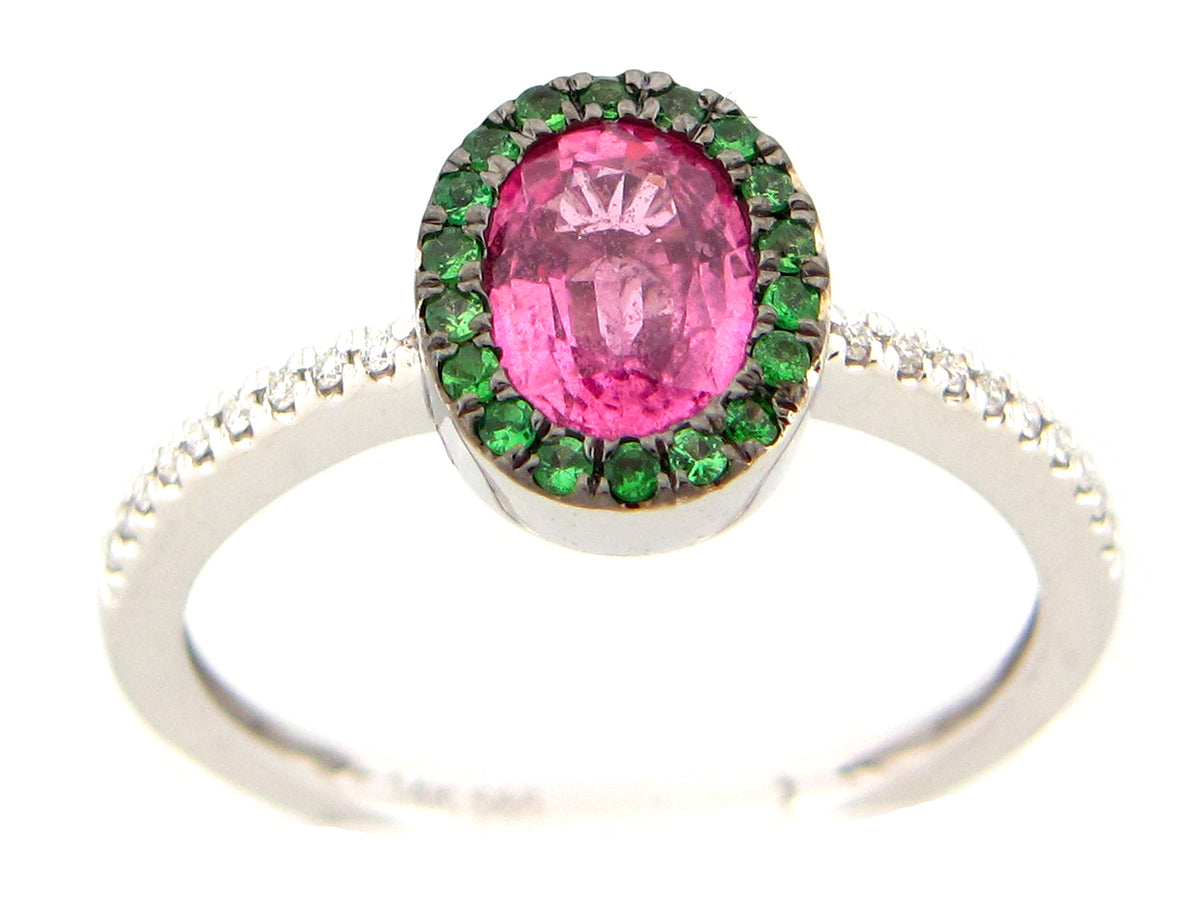 PINK SAPPHIRE OVAL & TSAVORITE HALO & DIAMOND RING, 14KW (H/N)