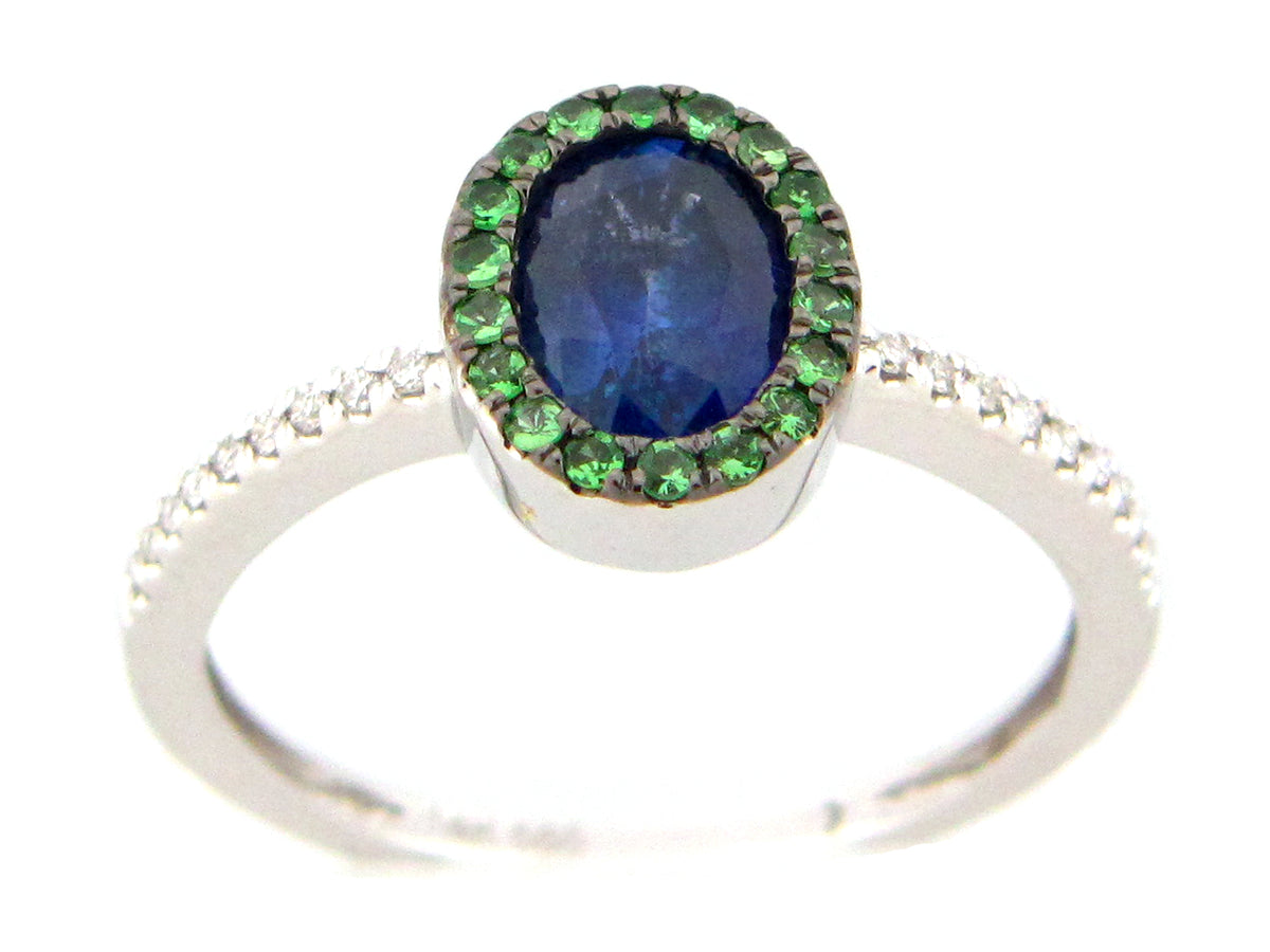 SAPPHIRE OVAL & TSAVORITE HALO & DIAMOND RING, 14KW (H/N)