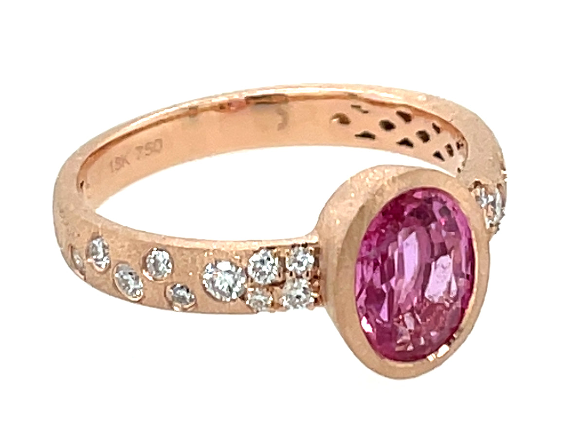 Pink Sapphire Oval Diamond Confetti Bezel Ring, Satin Finish