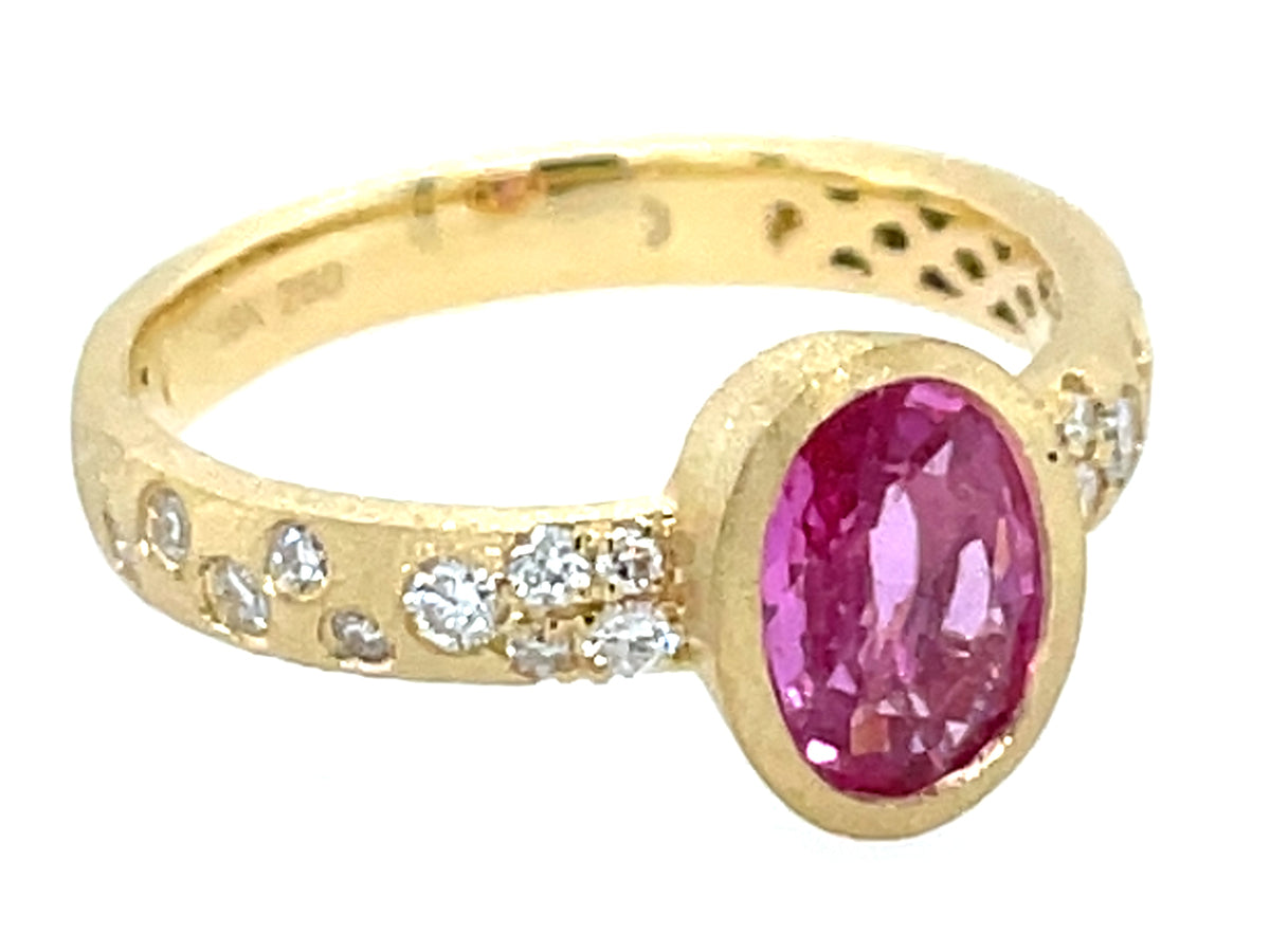 Pink Sapphire Oval Diamond Confetti Bezel Ring, Satin Finish