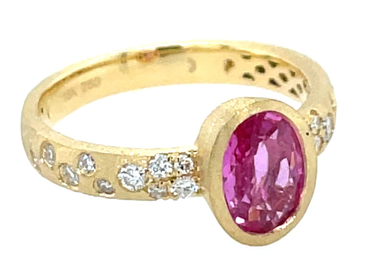 Pink Sapphire Oval Diamond Confetti Bezel Ring, Satin Finish