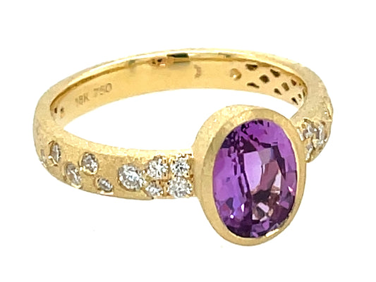 Purple Sapphire Oval Diamond Confetti Bezel Ring, Satin Finish