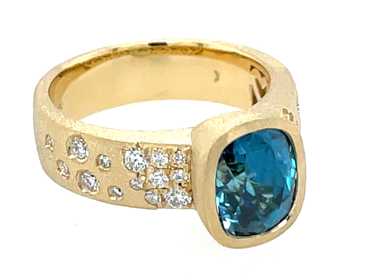 Blue Zircon Cushion Diamond Confetti Bezel Ring, Satin Finish