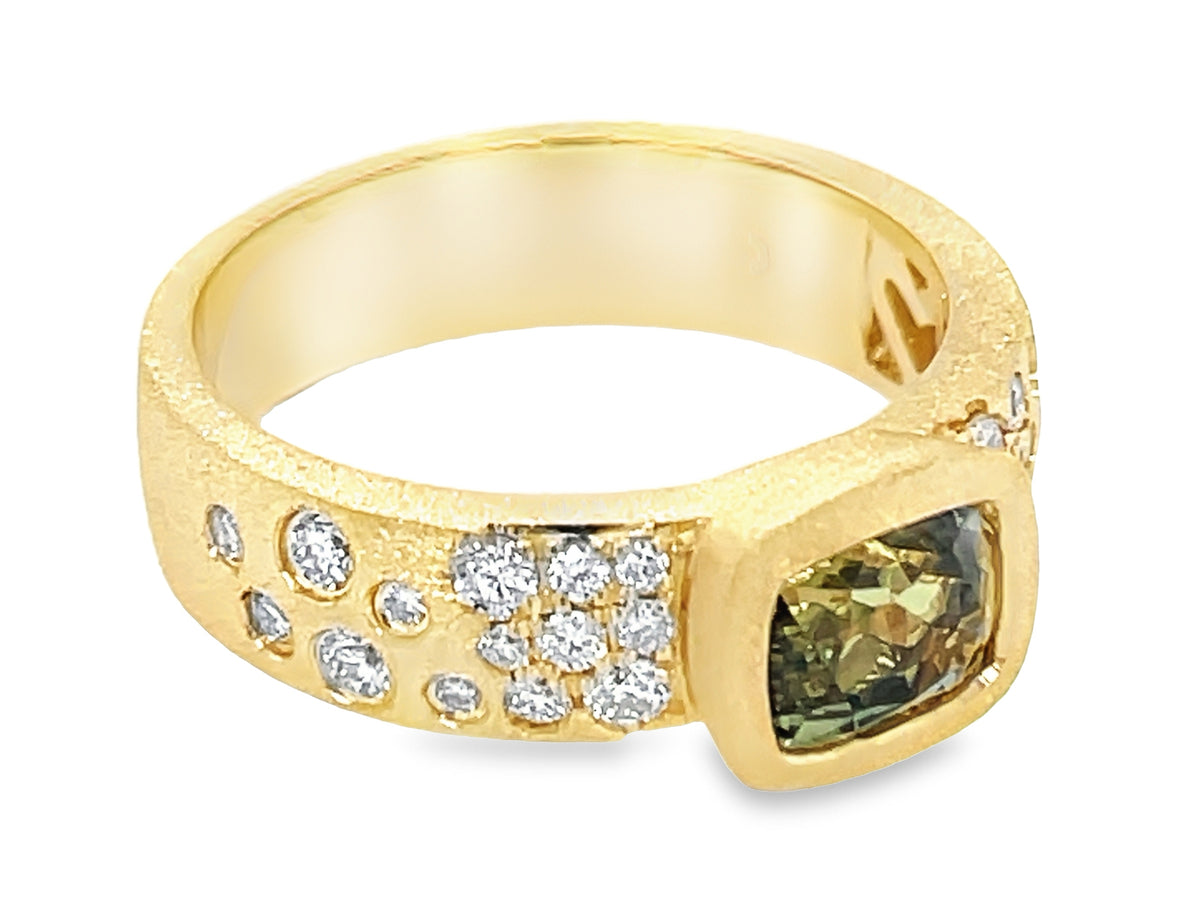 NATURAL NO HEAT GREEN SAPPHIRE CUSHION & DIAMOND CONFETTI BEZEL RING, SATIN FINISH