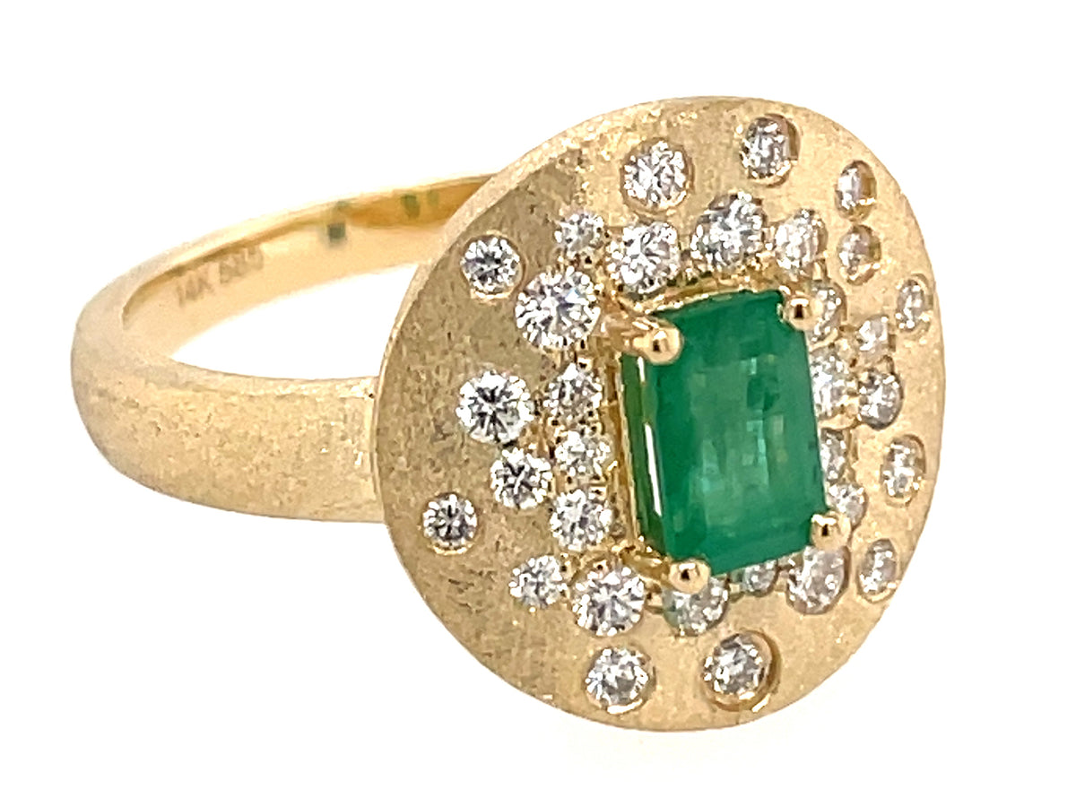 EMERALD CUT EMERALD & DIAMOND CONFETTI SHIELD RING, SATIN FINISH