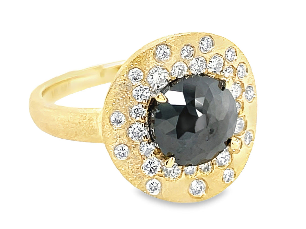 BLACK ROUND & WHITE DIAMOND CONFETTI SHIELD RING, SATIN FINISH