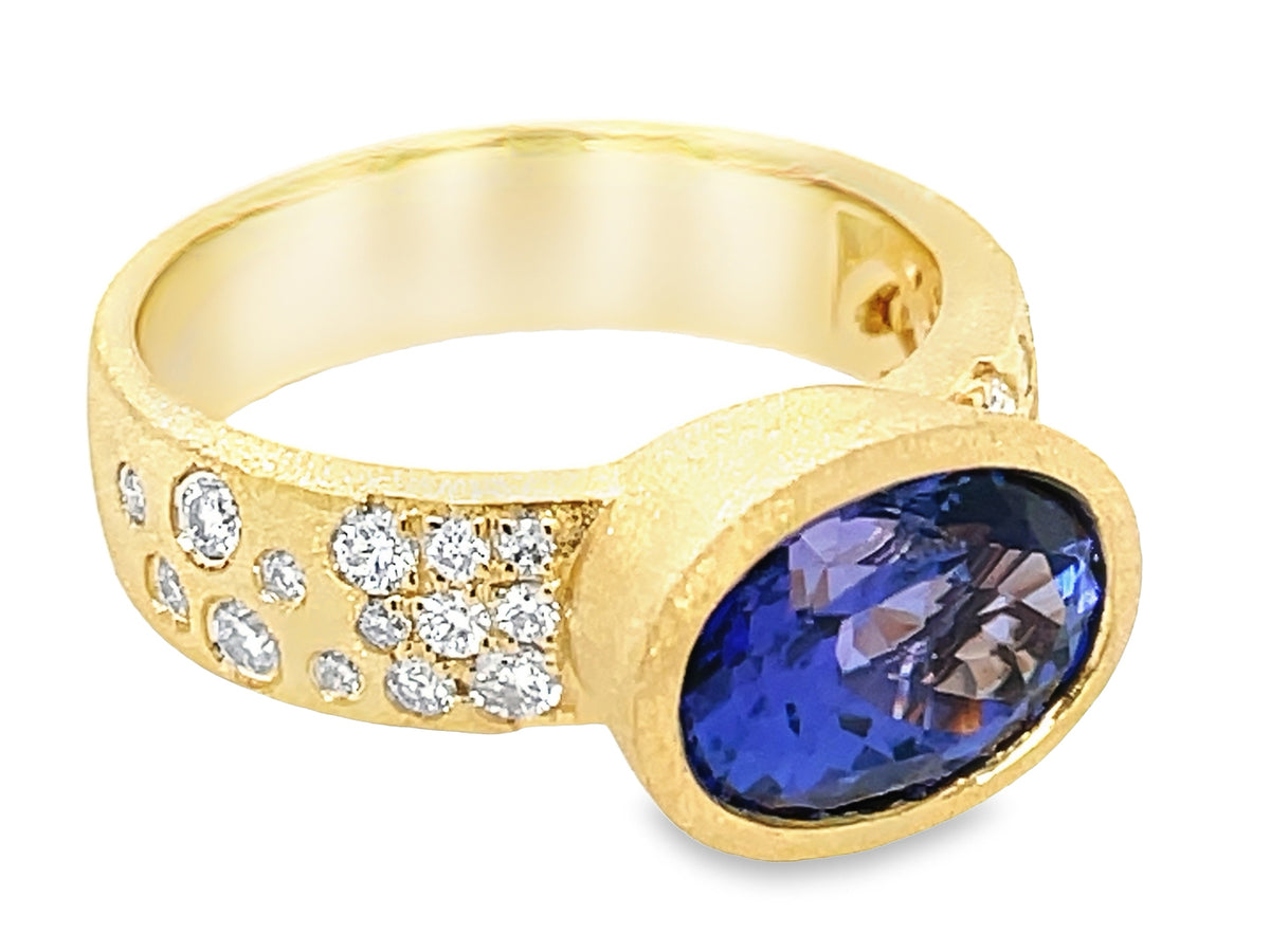 TANZANITE OVAL & DIAMOND CONFETTI BEZEL RING, SATIN FINISH