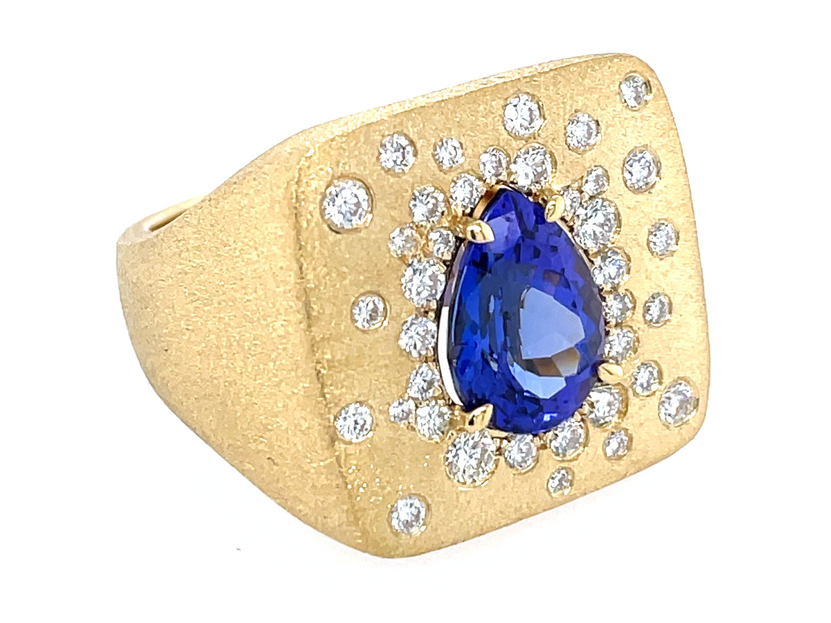 TANZANITE PEAR & DIAMOND CUSHION CONFETTI RING, SATIN FINISH
