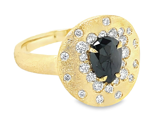 BLACK PEAR & WHITE DIAMOND CONFETTI SHIELD RING, SATIN FINISH