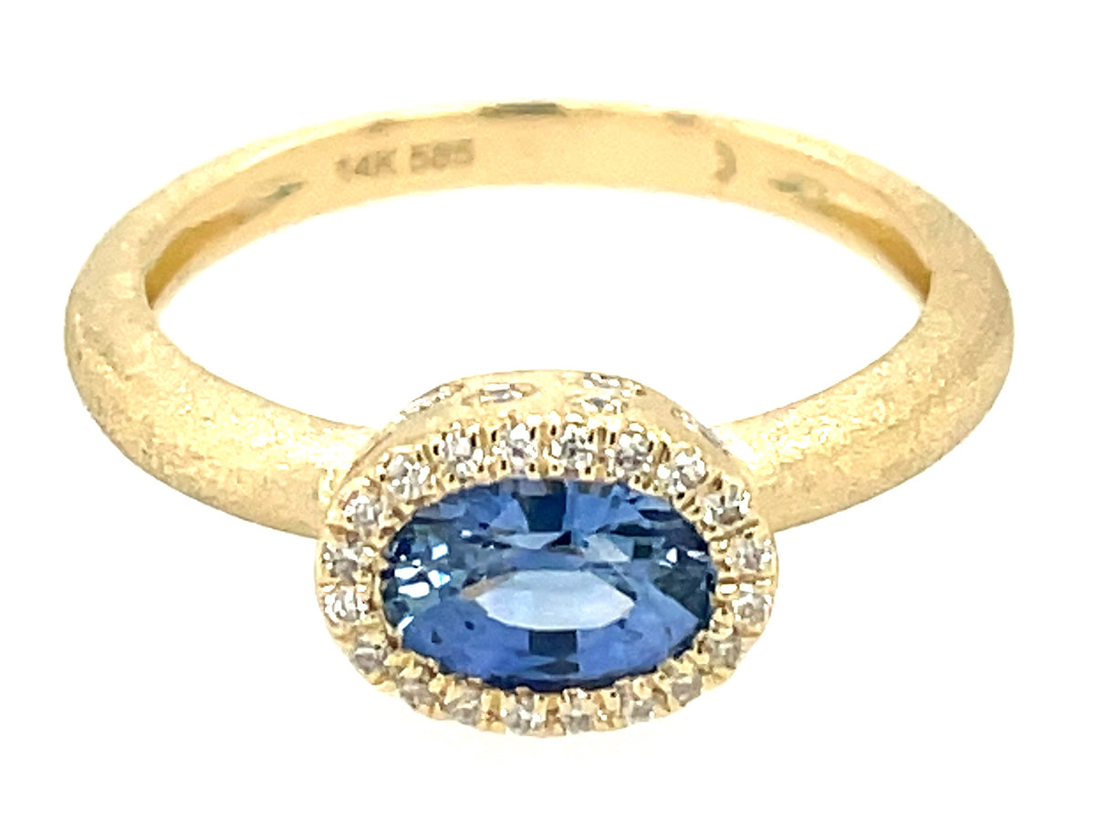 SAPPHIRE OVAL & DIAMOND HALO &  FLUSH SET RING, SATIN FINISH