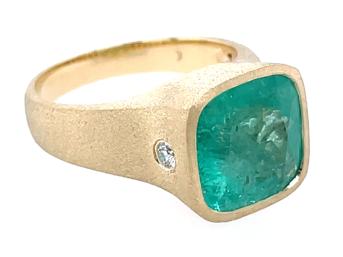 Emerald Cushion Diamond Bezel Ring, Satin Finish