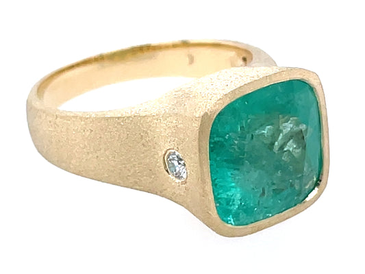 Emerald Cushion Diamond Bezel Ring, Satin Finish