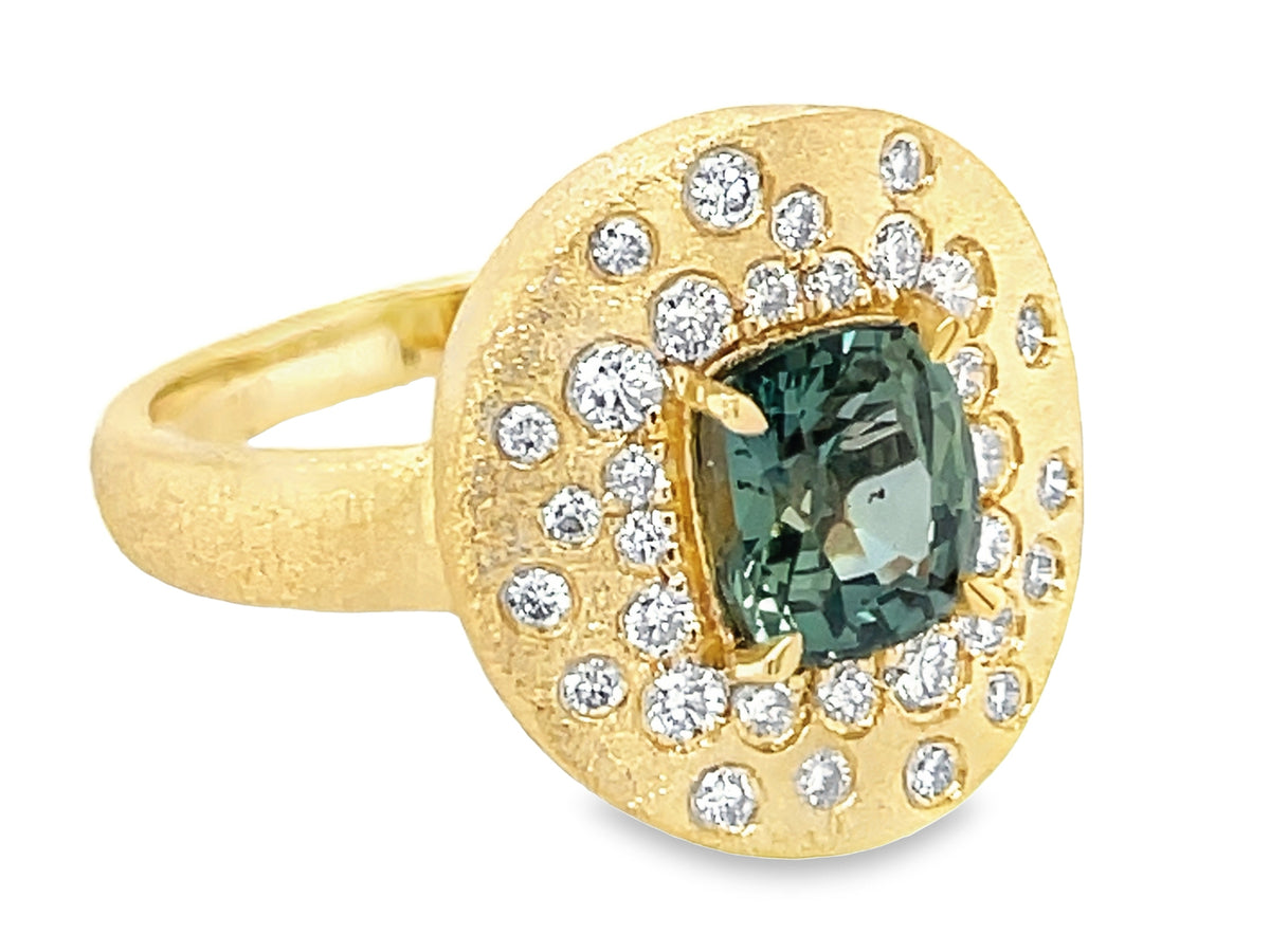 NATURAL NO HEAT GREEN SAPPHIRE CUSHION & DIAMOND CONFETTI SHIELD RING, SATIN FINISH