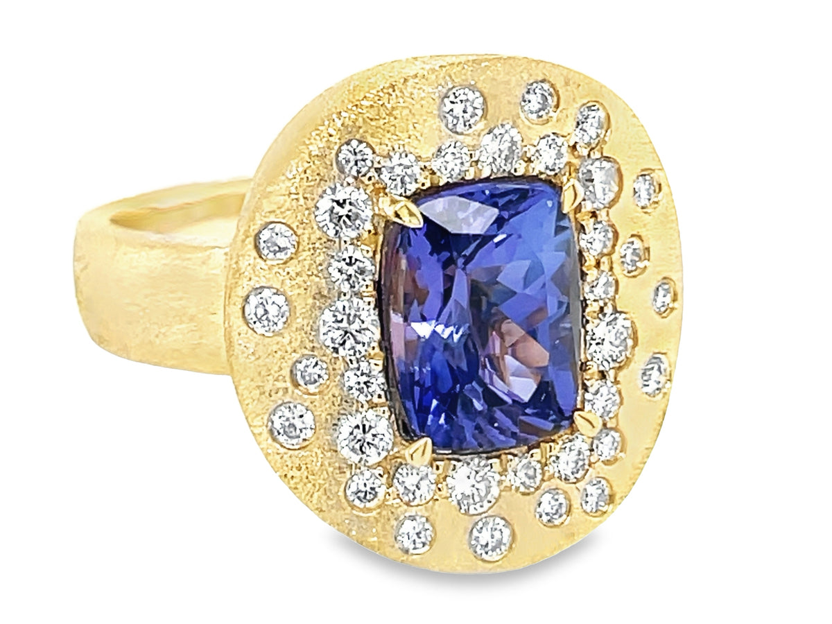 TANZANITE CUSHION & DIAMOND CONFETTI SHIELD RING, SATIN FINISH