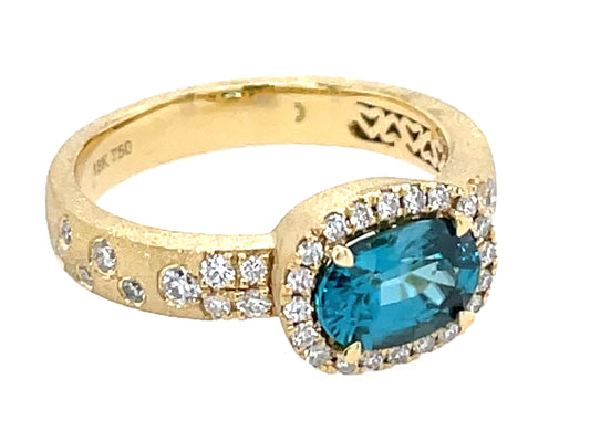 Blue Zircon Oval Diamond Halo Confetti Ring, Satin Finish