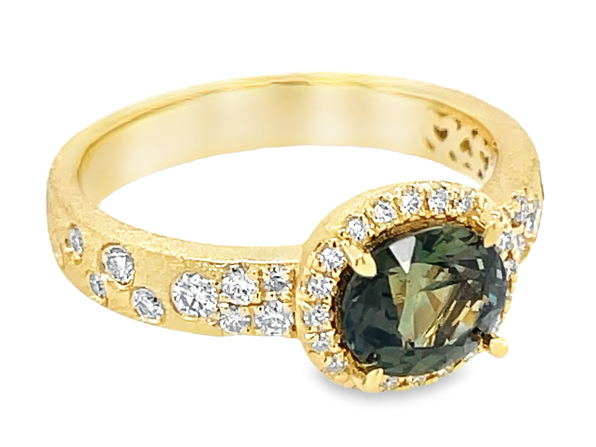 NATURAL NO HEAT GREEN SAPPHIRE OVAL & DIAMOND CONFETTI HALO RING, SATIN FINISH