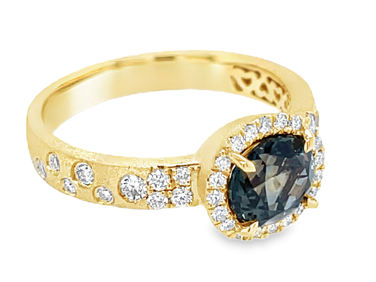 NATURAL NO HEAT GREEN SAPPHIRE OVAL & DIAMOND CONFETTI HALO RING, SATIN FINISH