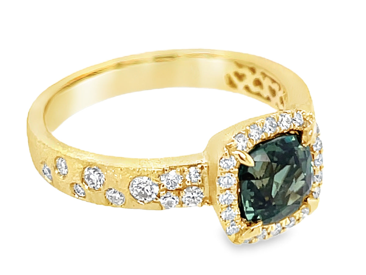 NATURAL NO HEAT GREEN SAPPHIRE CUSHION & DIAMOND CONFETTI HALO RING, SATIN FINISH