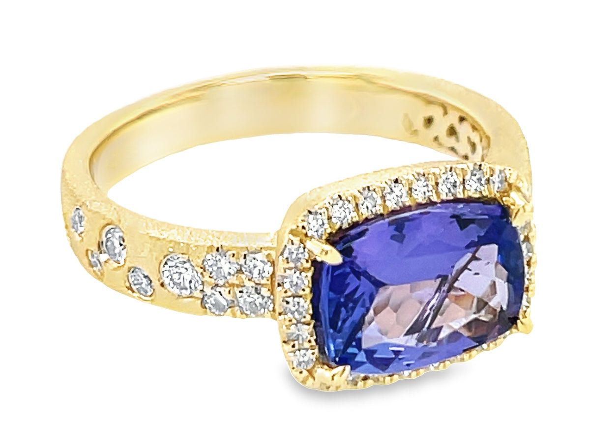Tanzanite Cushion Diamond Confetti Halo Ring, Satin Finish