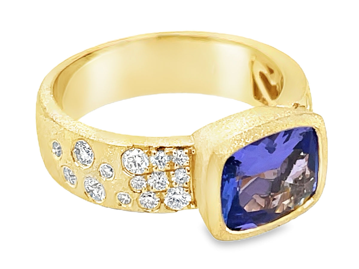 TANZANITE CUSHION & DIAMOND CONFETTI BEZEL RING, SATIN FINISH