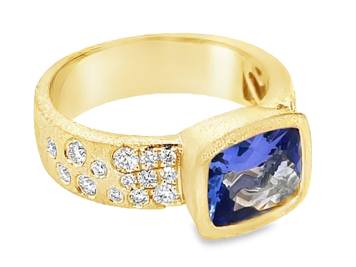 TANZANITE CUSHION & DIAMOND CONFETTI BEZEL RING, SATIN FINISH