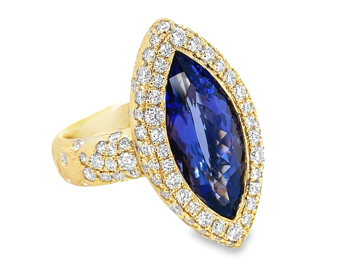 TANZANITE MARQUISE & DIAMOND CONFETTI HALO RING, 24X13MM, SATIN FINISH