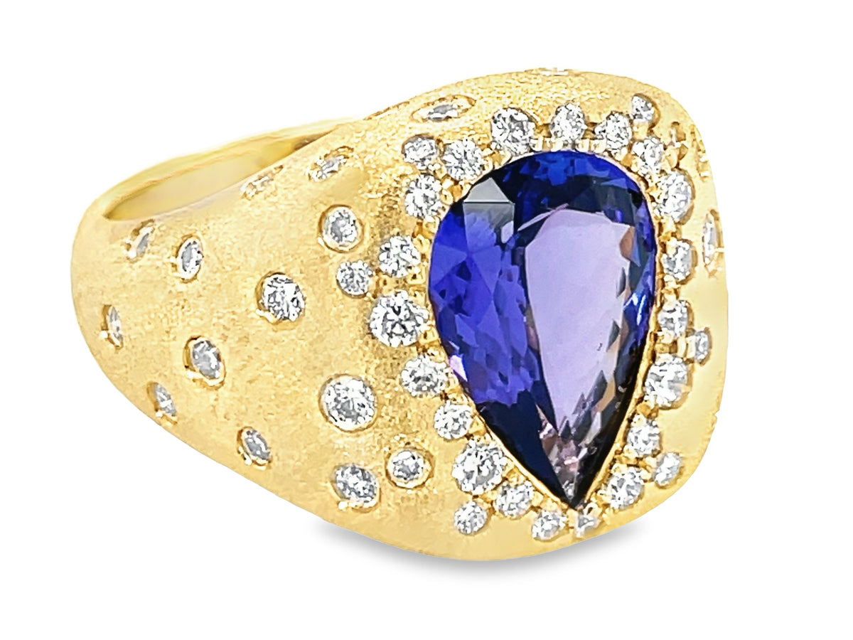 TANZANITE PEAR & DIAMOND CONFETTI BLOCK RING, SATIN FINISH