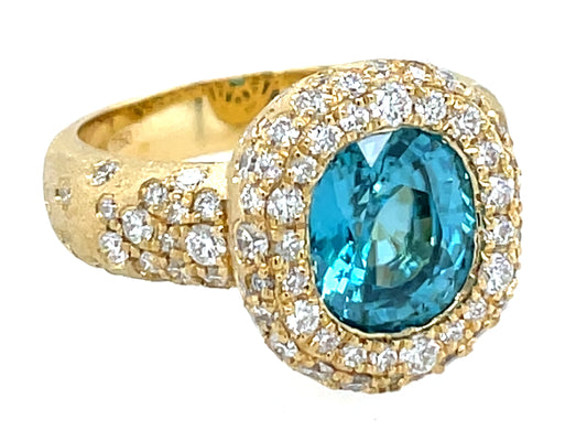 Blue Zircon Cushion Diamond Halo Confetti Ring, Satin Finish