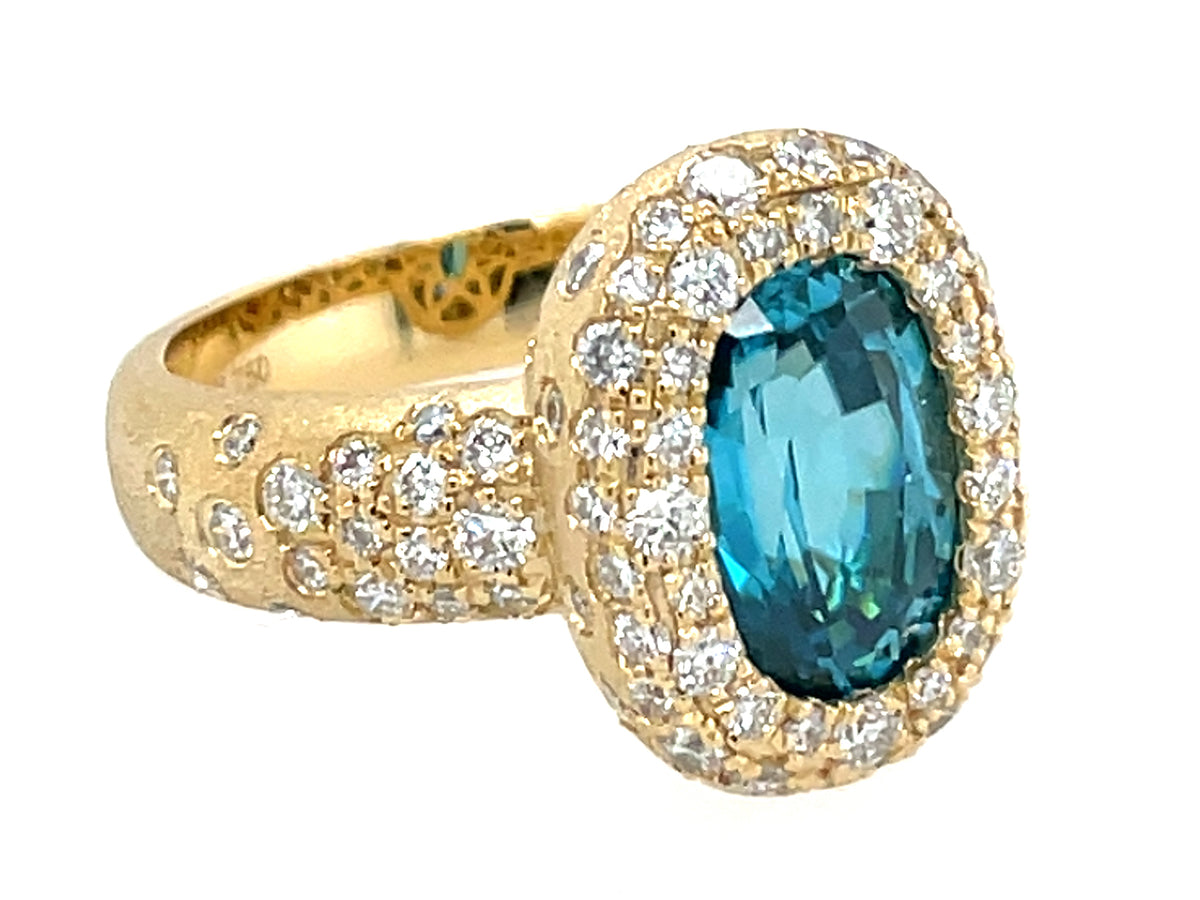 Blue Zircon Cushion Diamond Halo Confetti Ring, Satin Finish