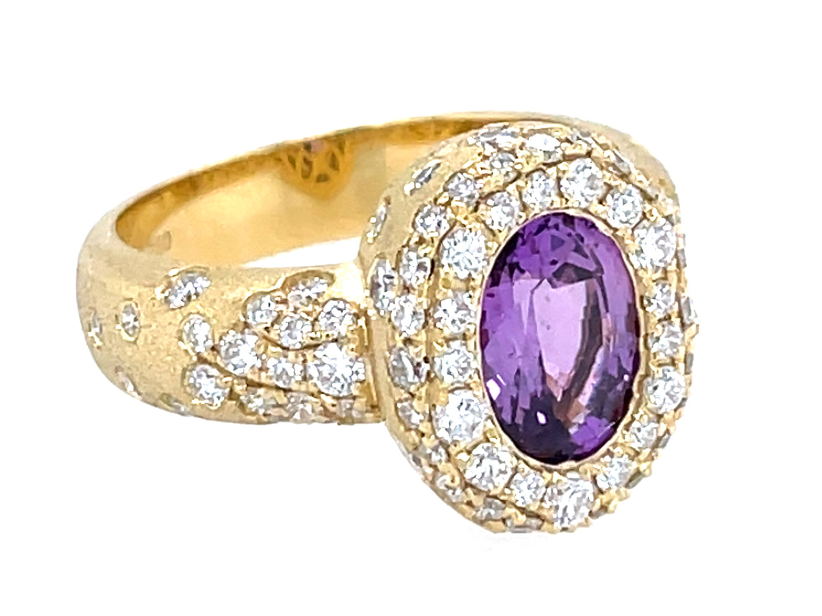 Purple Sapphire Oval Diamond Halo Confetti Ring, Satin Finish