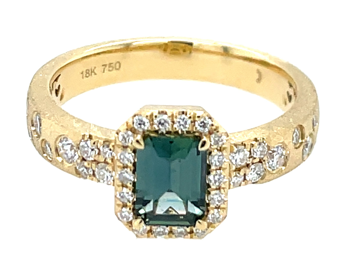 Natural No Heat Green Sapphire E/C Diamond Halo Confetti Ring, Satin Finish