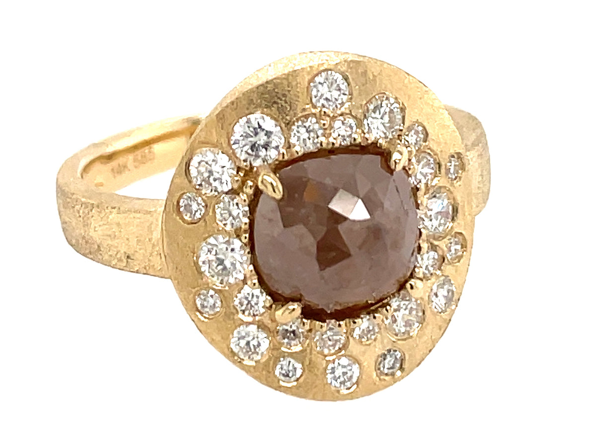 FANCY COLOR DIAMOND CENTER FLUSH SET DISC RING, SATIN FINISH