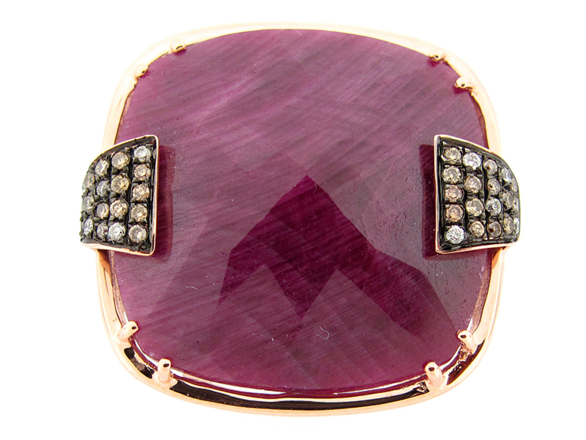 ROSE CUT RUBY, BROWN & WHITE DIAMOND RING