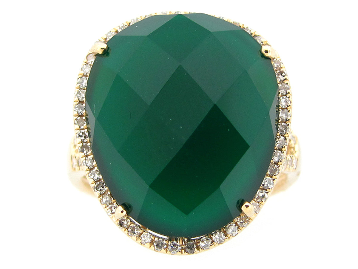 GREEN AGATE & WHITE DIAMOND RING, 14KY (D/N)