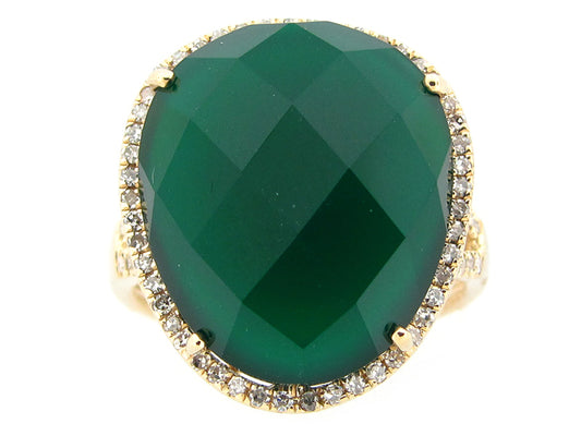 GREEN AGATE & WHITE DIAMOND RING, 14KY (D/N)
