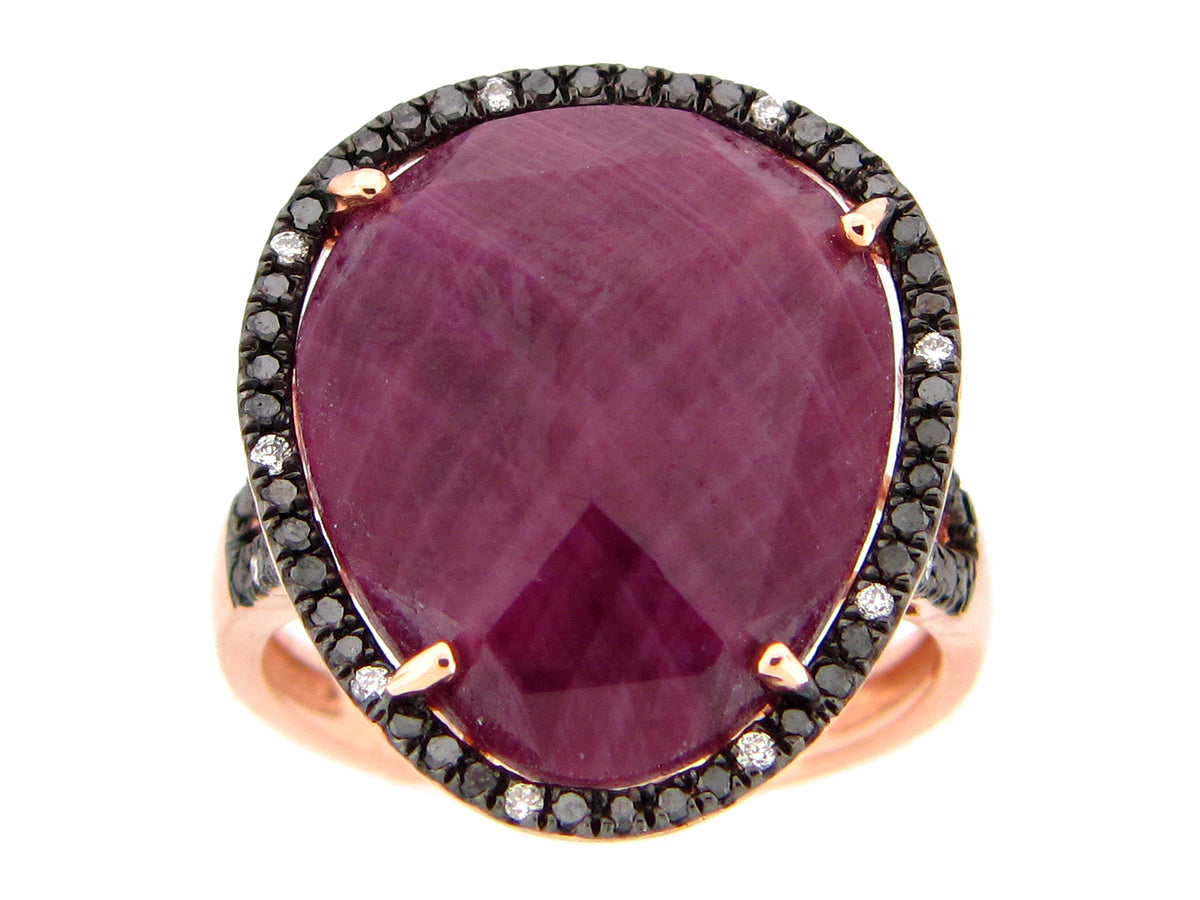 ROSE CUT RUBY, BLACK & WHITE DIAMOND RING, 14KR (N)